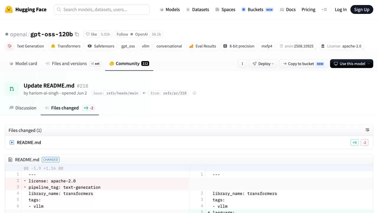 Hugging Face Pull Request 的 Files changed 页面，顶部显示文件数量，下方按删除和新增颜色展示 README 差异