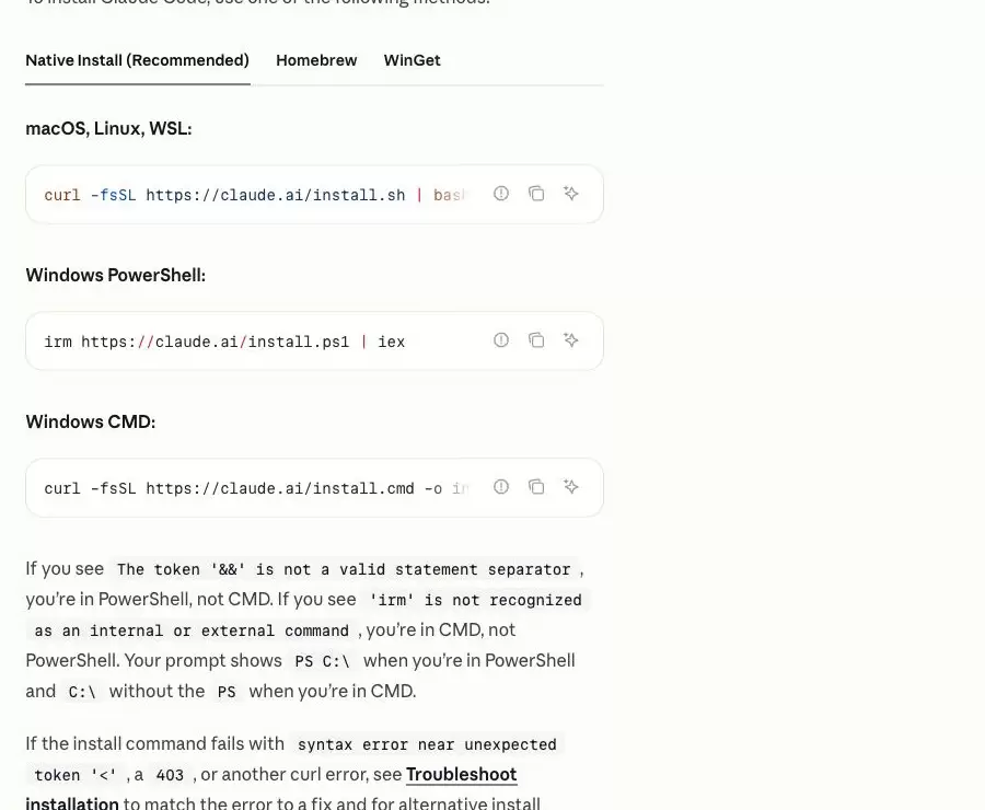 Claude Code Advanced setup 的 Native Install 区域，分别显示 WSL、Windows PowerShell 和 Windows CMD 安装代码块