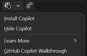 Visual Studio 右上角 Copilot 状态菜单显示 Install Copilot 和 Hide Copilot
