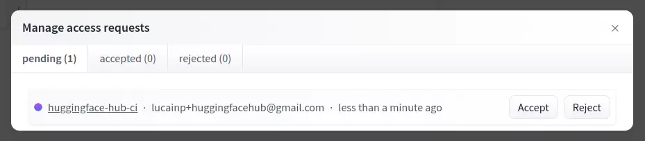 Manage access requests弹窗的pending、accepted、rejected标签及Accept、Reject按钮