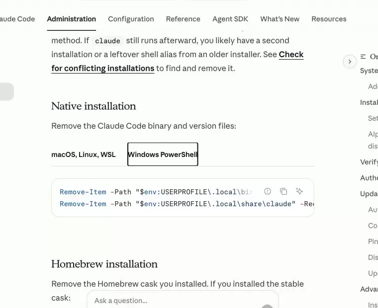 Claude Code 官方卸载页的 Windows PowerShell 标签，显示 Native 安装的 Remove-Item 命令