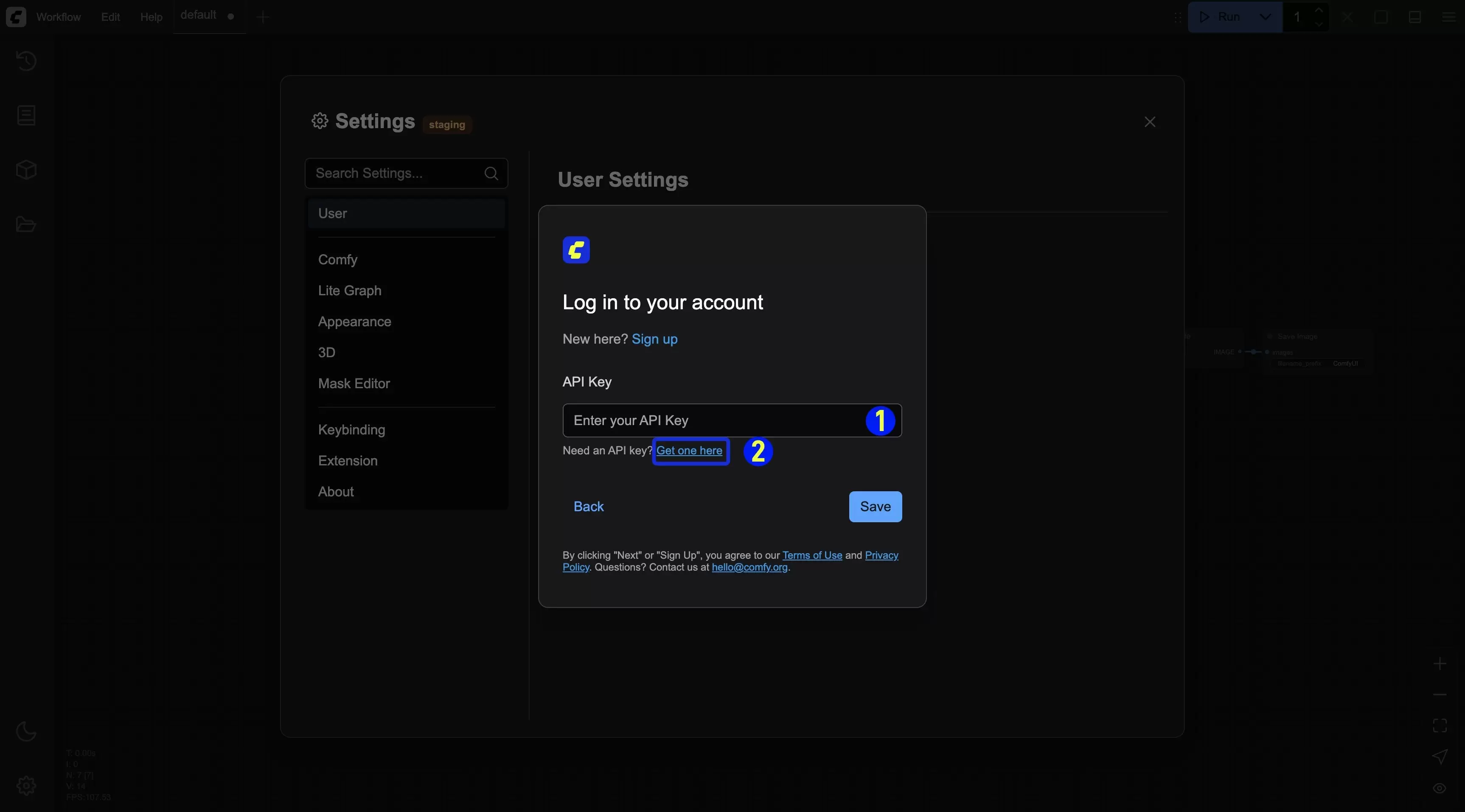 ComfyUI Comfy API Key 登录表单的 API Key 输入框、Get one here 与 Sa ve 按钮