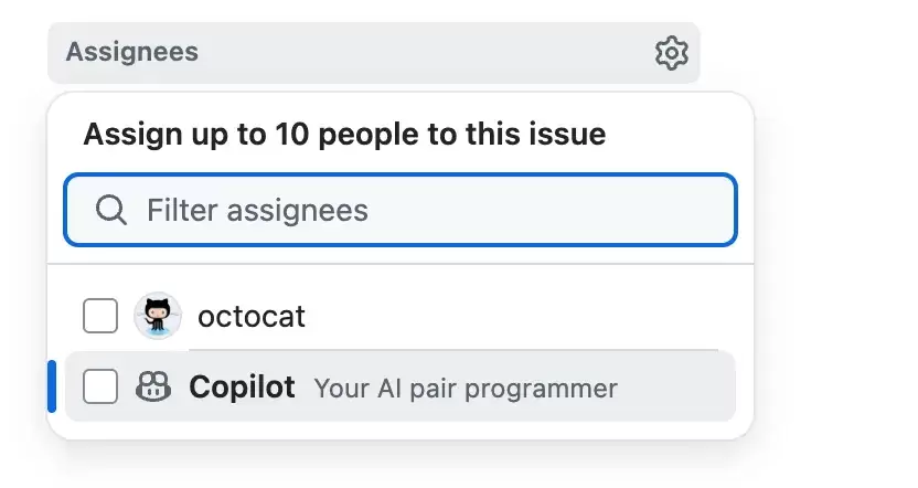 GitHub Assignees 选择窗口中间出现 Copilot 选项