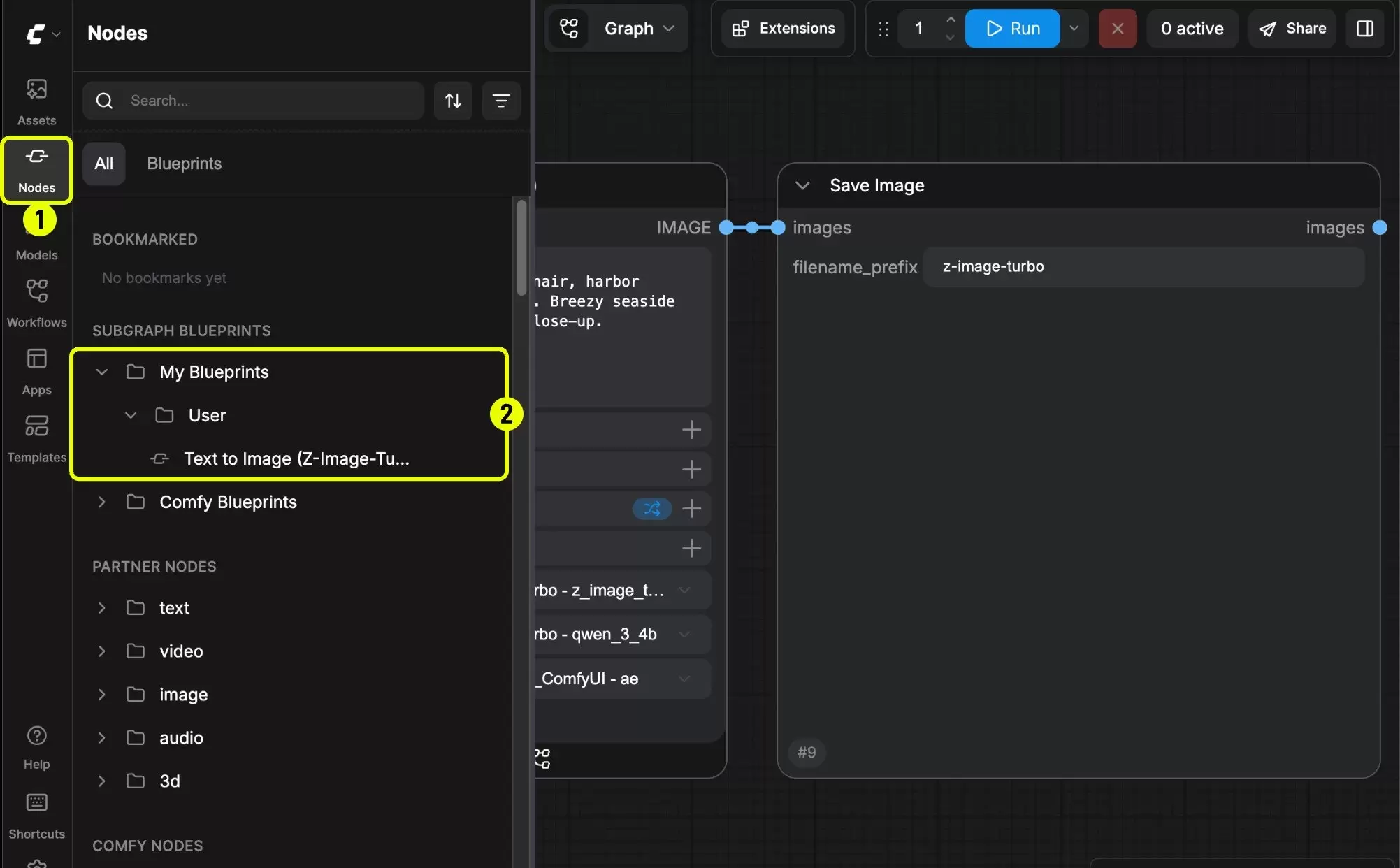 ComfyUI Nodes 面板中的 Subgraph Blueprints 与 My Blueprints 列表