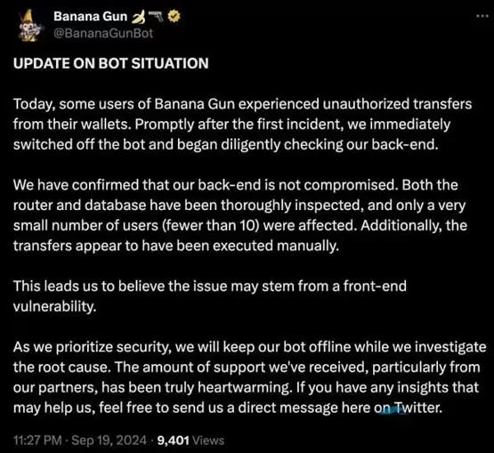 Banana Gun 团队调查钱&包被盗事件，Telegram 机器人已暂停服务