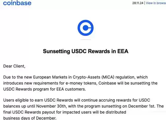 Coinbase退出土耳其!受MiCA影响停用欧洲用户USDC收益服务