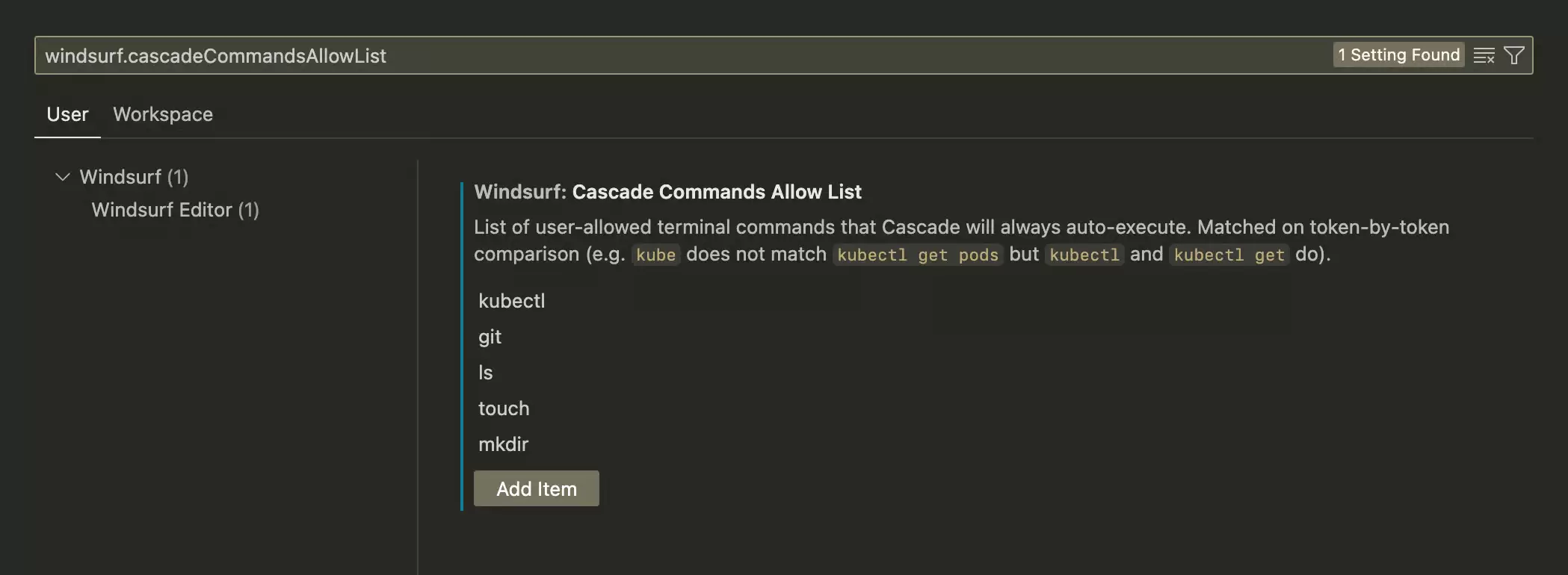 Windsurf 设置中的 Cascade Commands Allow List，显示 git、ls 和 mkdir 等条目