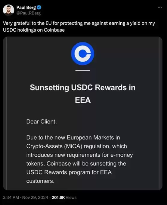 Coinbase退出土耳其!受MiCA影响停用欧洲用户USDC收益服务