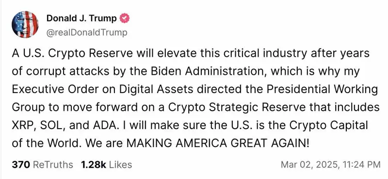 特朗普喊单:XRP、SOL、ADA纳入美国加密货币战略储备？