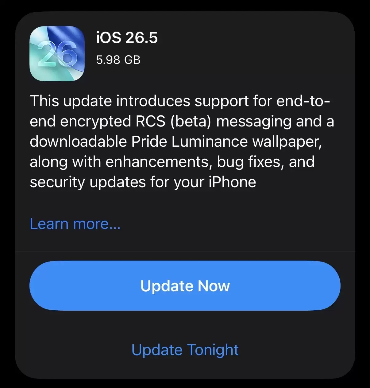 苹果iOS 26.5正式版发布！修复超50项漏洞，支持端到端加密RCS