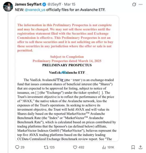 ETF发行机构VanEck向SEC提交A valanche ETF申请书!A VAX一度冲破19美元