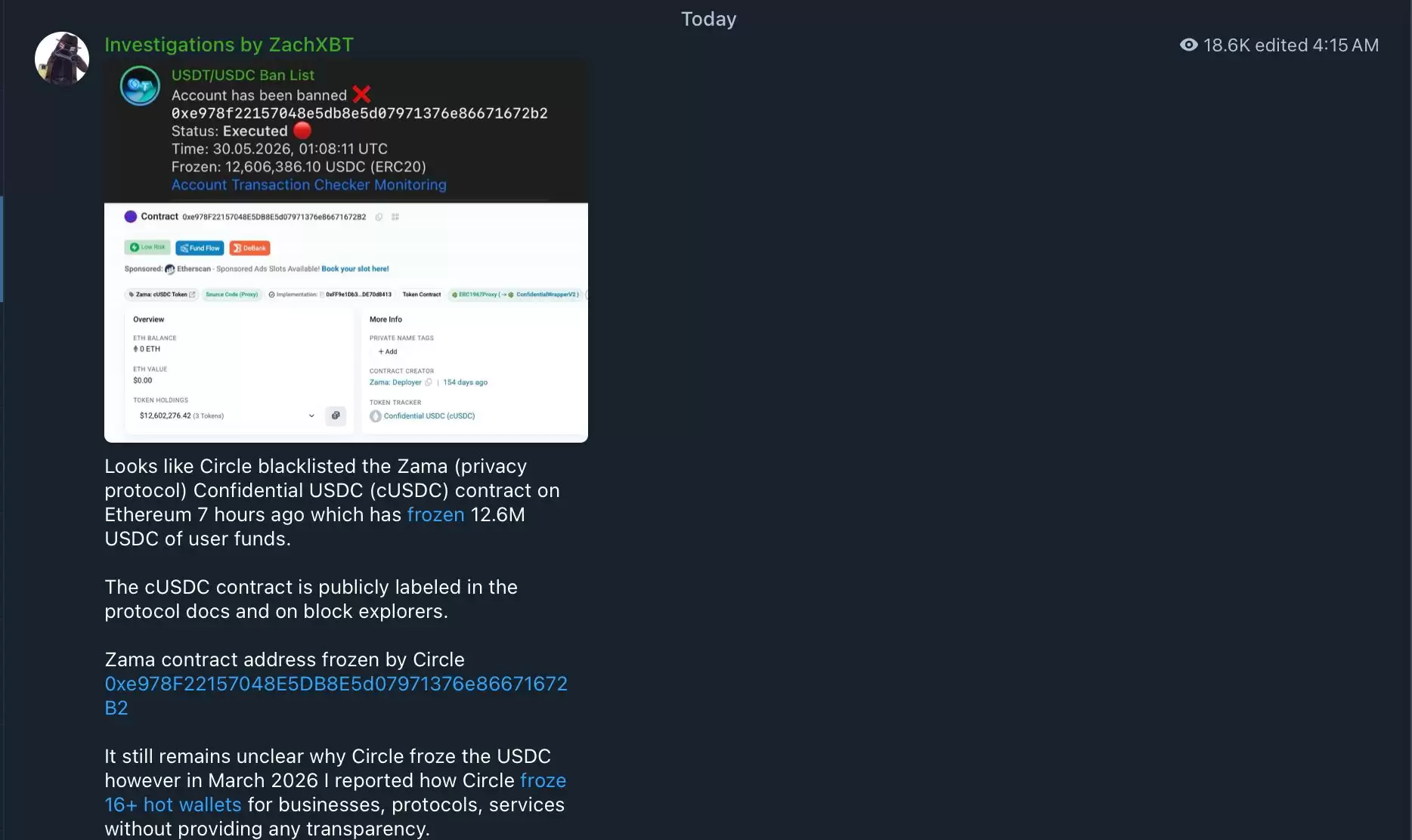 Circle冻结了与隐私协议Zama关联的1260万美元USDC
