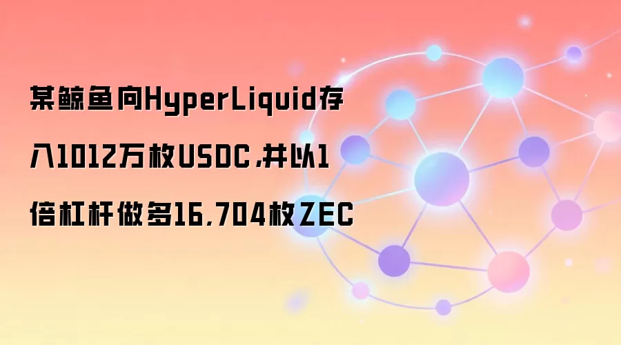 某鲸鱼向HyperLiquid存入1012万枚USDC，并以1倍杠杆做多16,704枚ZEC