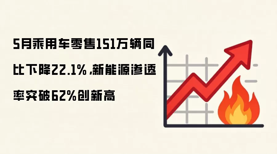 5月乘用车零售151万辆同比下降22.1%,新能源渗透率突破62%创新高