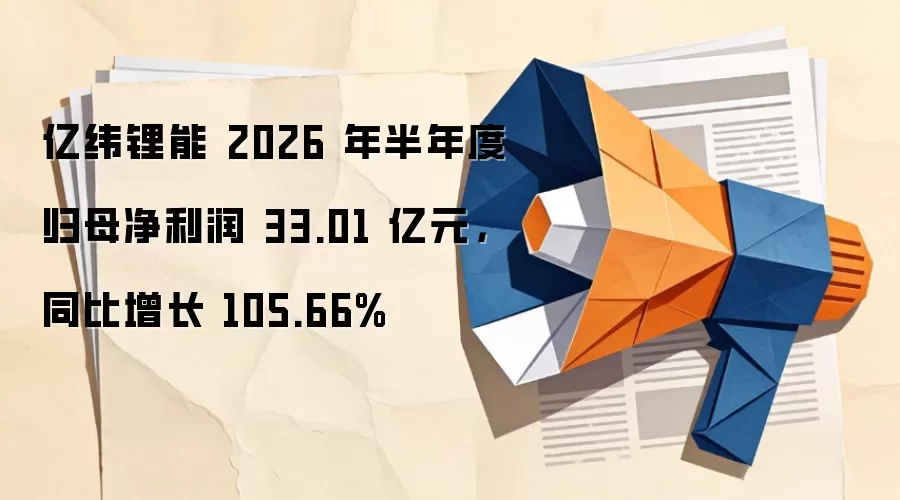 亿纬锂能 2026 年半年度归母净利润 33.01 亿元，同比增长 105.66%